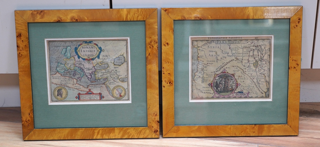 Hondius Mercator, two maple framed maps, “Romani Imperii Imago” and “Paradisus”, 15 x 20cm. Condition - fair to good